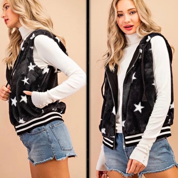 BLACK FAUX FUR STAR PRINT ZIP UP HOODED VEST - Picture 7 of 12
